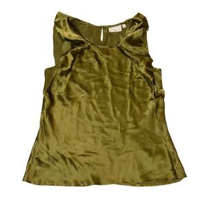 Kenar Olive Green 100% Silk Ruffle Neck Sleeveless Blouse Top Small